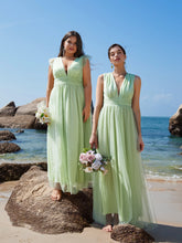 1pc Plunging Neck Ruched Bust Mesh Overlay Bridesmaid Dress